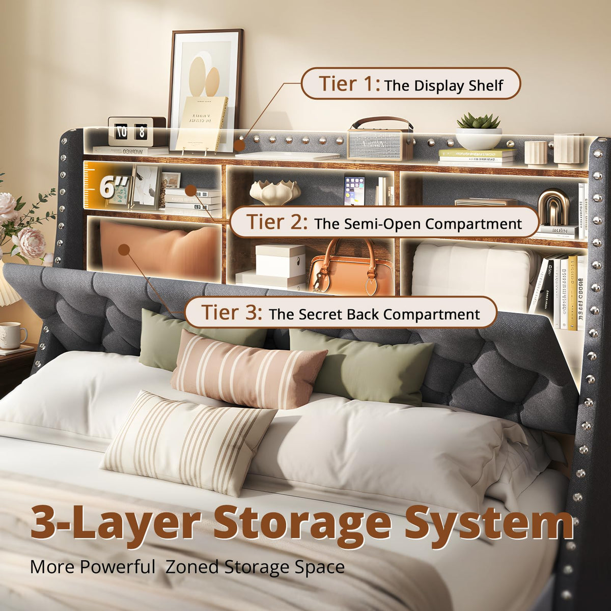 1000LBs Full Bed Frame with Hidden Storage, 2 Drawers and Charging Station P9228