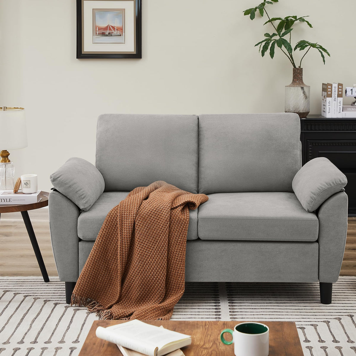 Light Grey Linen Loveseat Sofa with Side Pocket D76417