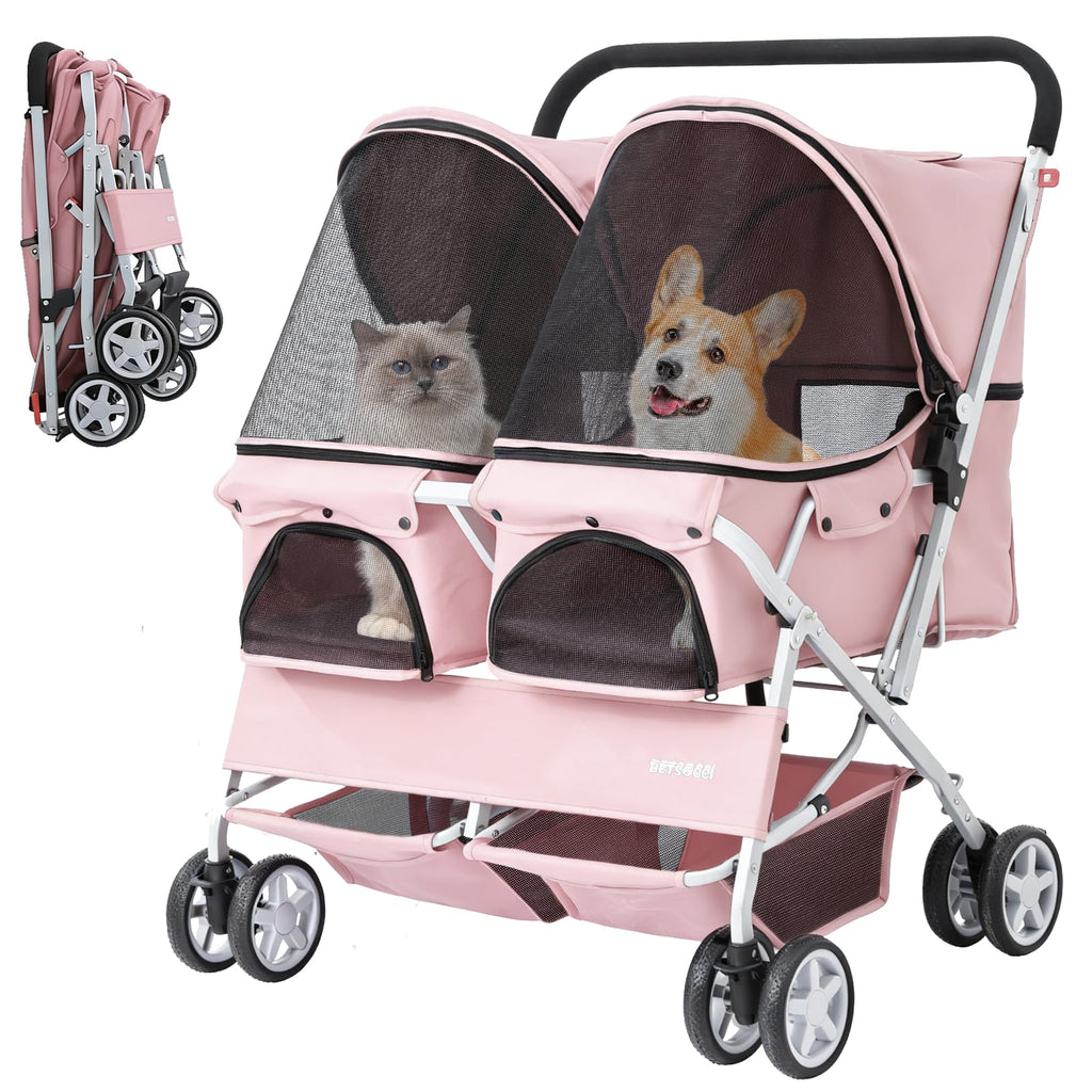 Double Pet Stroller for 2 Small Dogs & Cats, Side-by-Side Twin Travel Carriage with Safety Leashes, Mesh Windows & Double Storage Baskets, Lightweight & Foldable, 44lbs Capacity, Pink Y700273