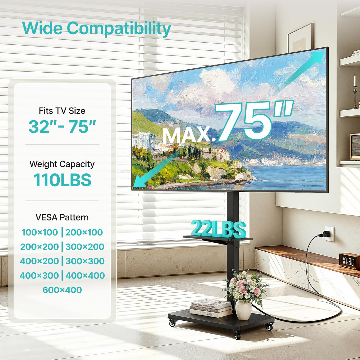 Rolling TV Stand with Power Outlet for 32-75 Inch TVs Y318589