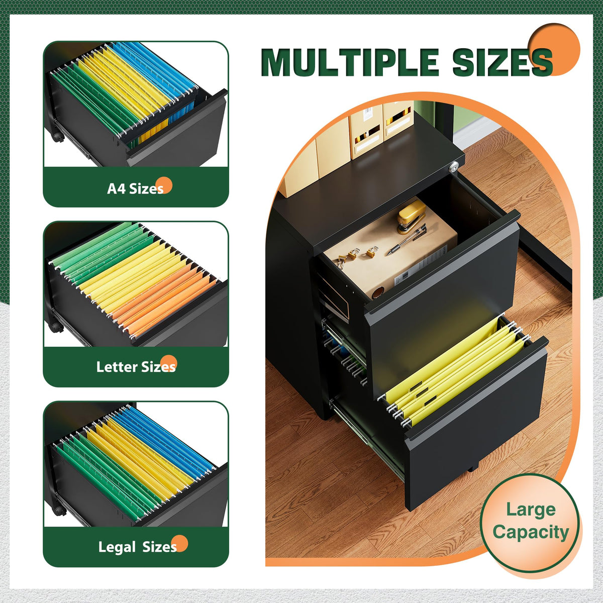 2 Drawer Black Metal Mobile File Cabinet with Lock W4922