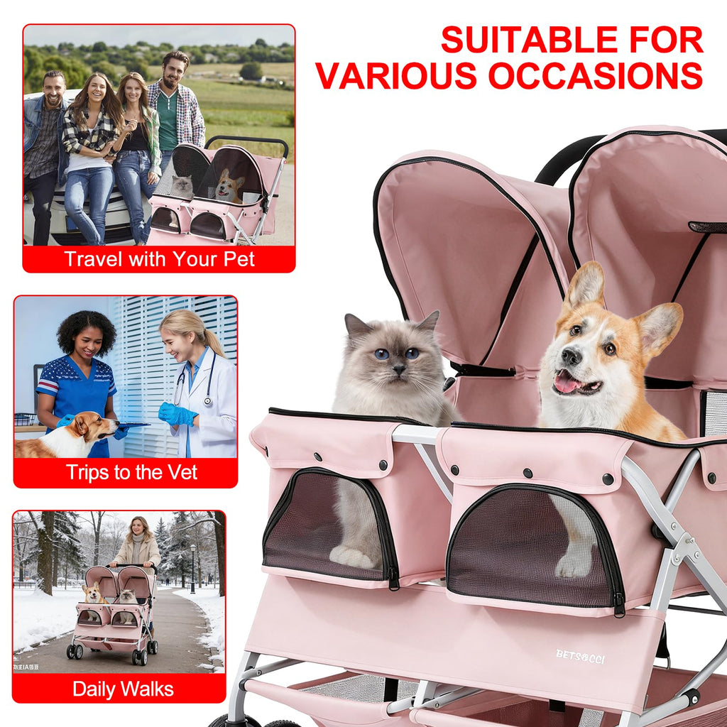 Double Pet Stroller for 2 Small Dogs & Cats, Side-by-Side Twin Travel Carriage with Safety Leashes, Mesh Windows & Double Storage Baskets, Lightweight & Foldable, 44lbs Capacity, Pink Y700273