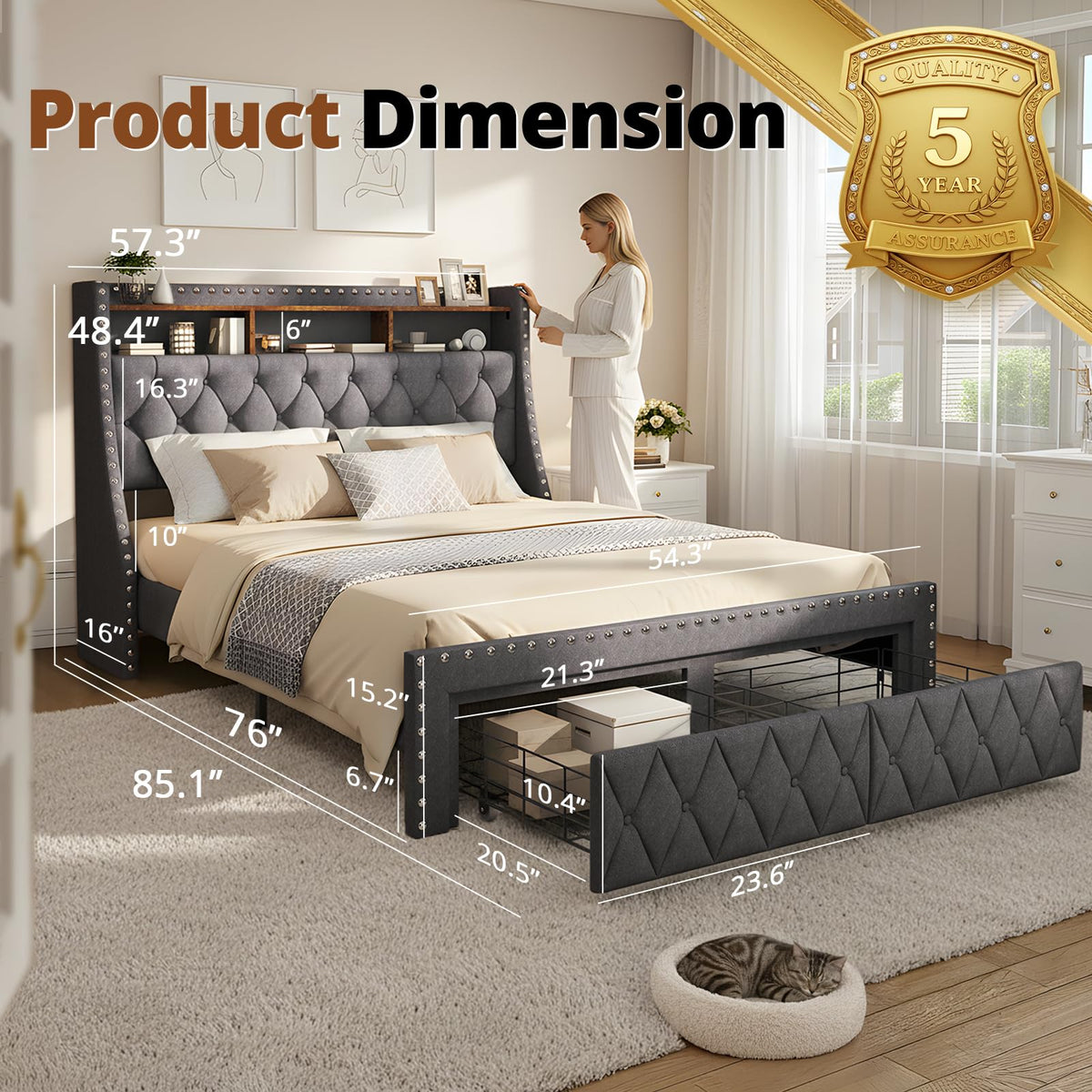 1000LBs Full Bed Frame with Hidden Storage, 2 Drawers and Charging Station P9228