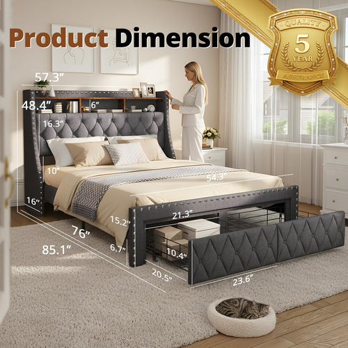 1000LBs Full Bed Frame with Hidden Storage, 2 Drawers and Charging Station P9228