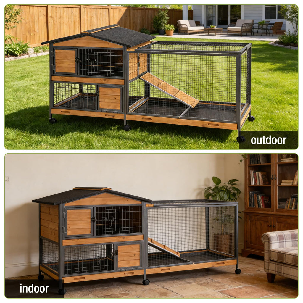 Wooden Rabbit Hutch with Wheels and Pull-Out Tray U767
