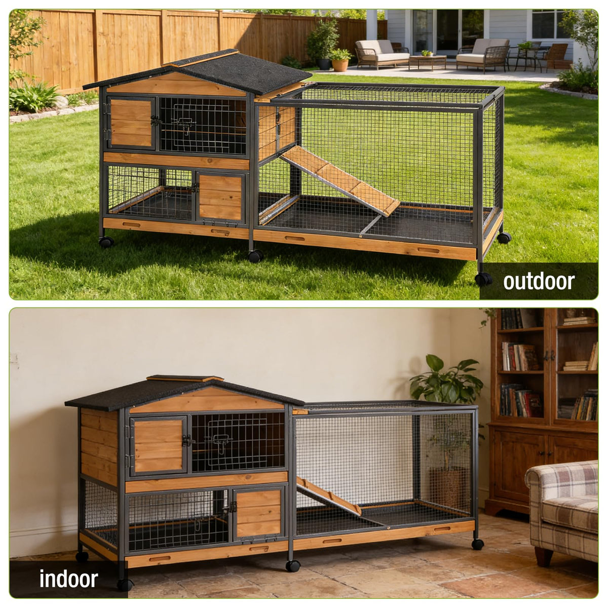 Wooden Rabbit Hutch with Wheels and Pull-Out Tray U767