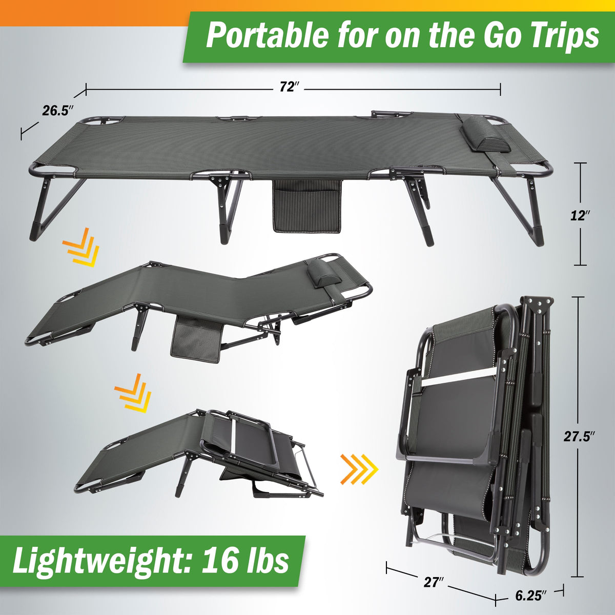 Folding Camping Cot with Mattress, Heavy Duty Foldable Bed with 3 Recline Positions, Gray A13753