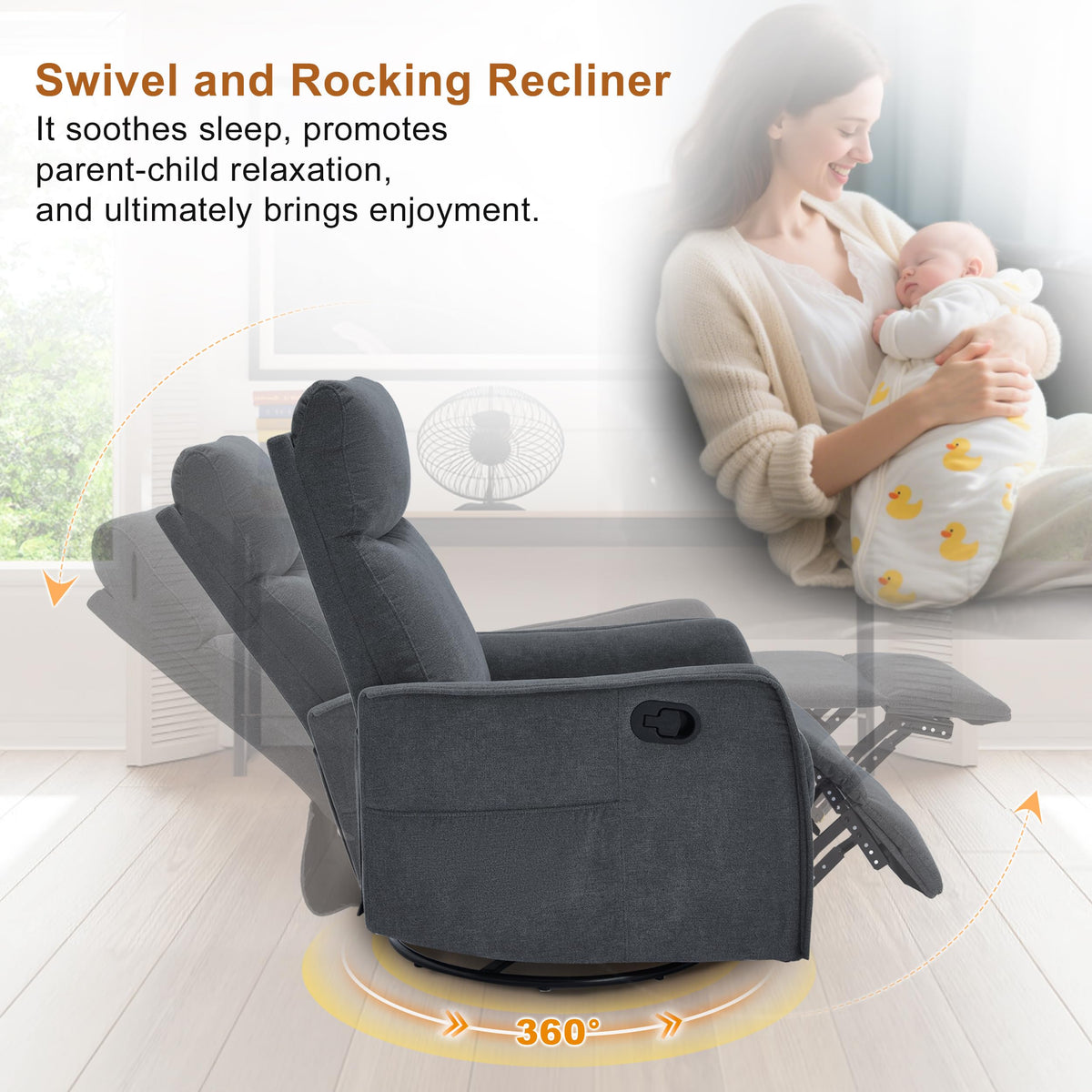Dark Gray Swivel Rocker Recliner Chair with Vibration Massage and Heat U87057