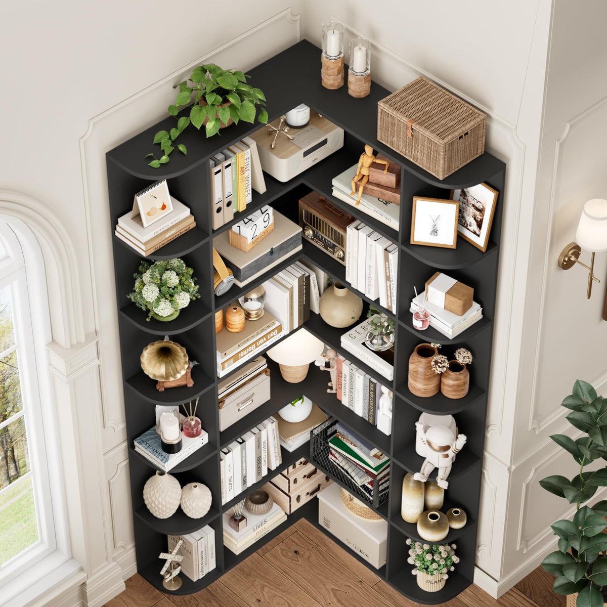 72" Tall 6-Tier Black Corner Bookshelf Q106