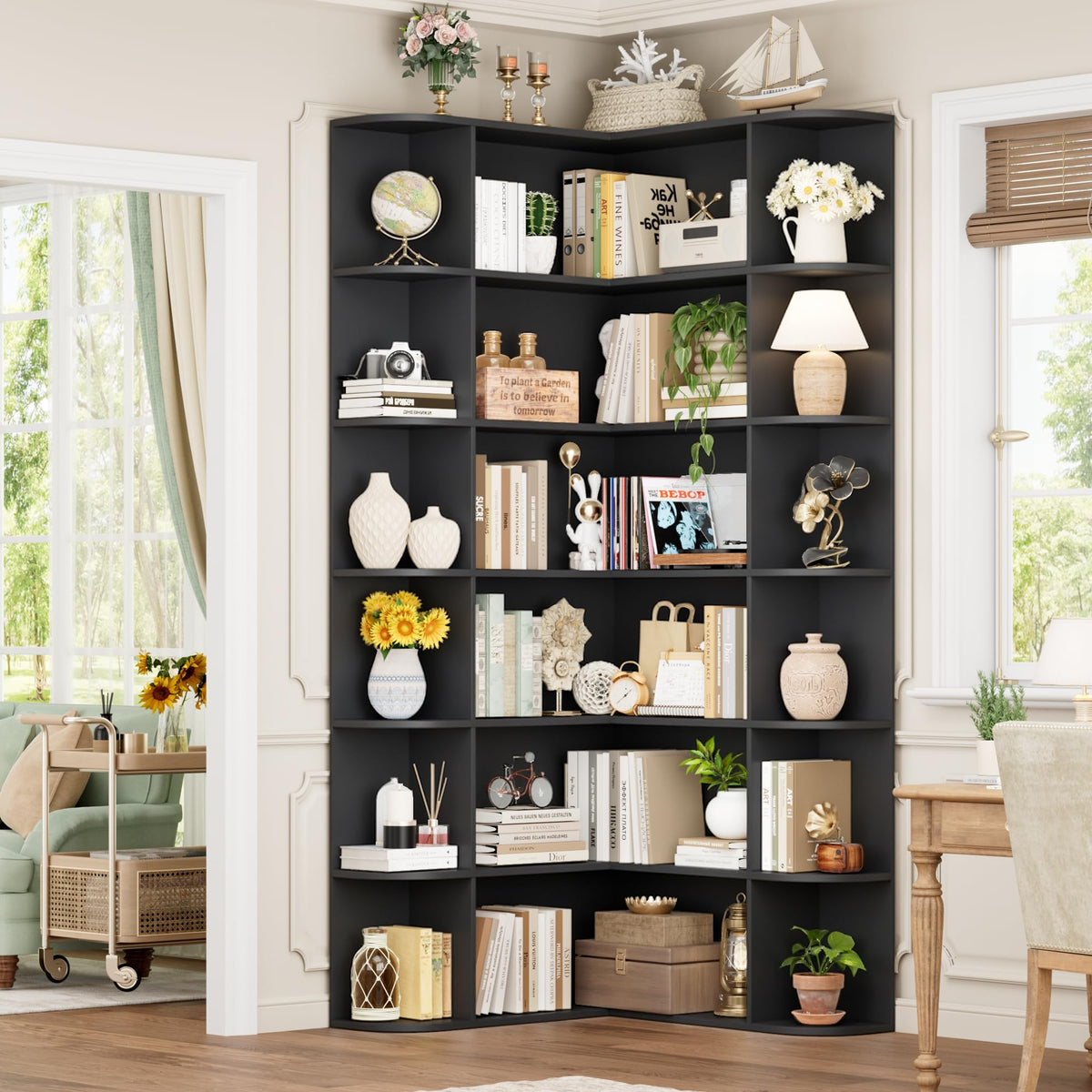 72" Tall 6-Tier Black Corner Bookshelf Q106
