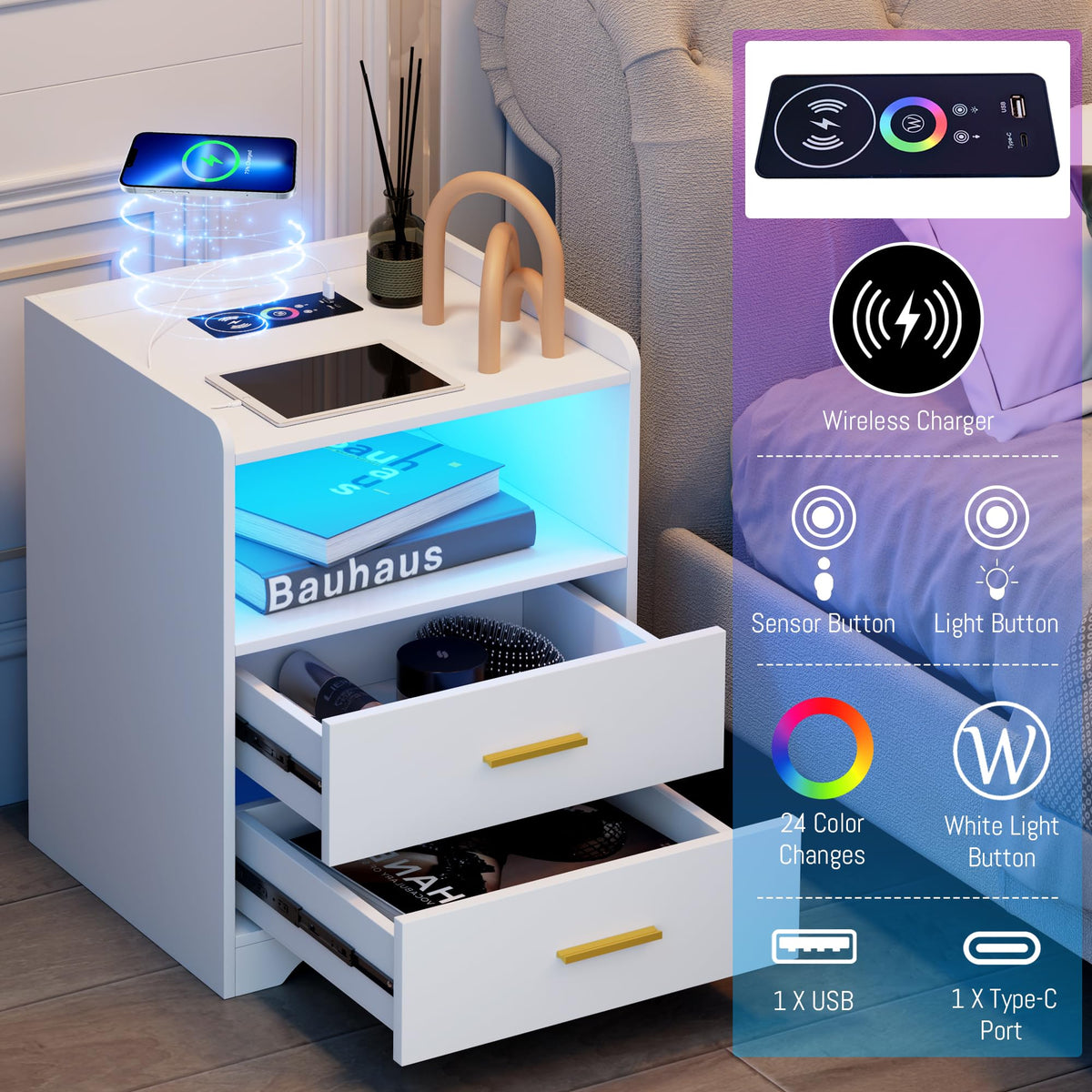 White Nightstand with Charging Station H11976
