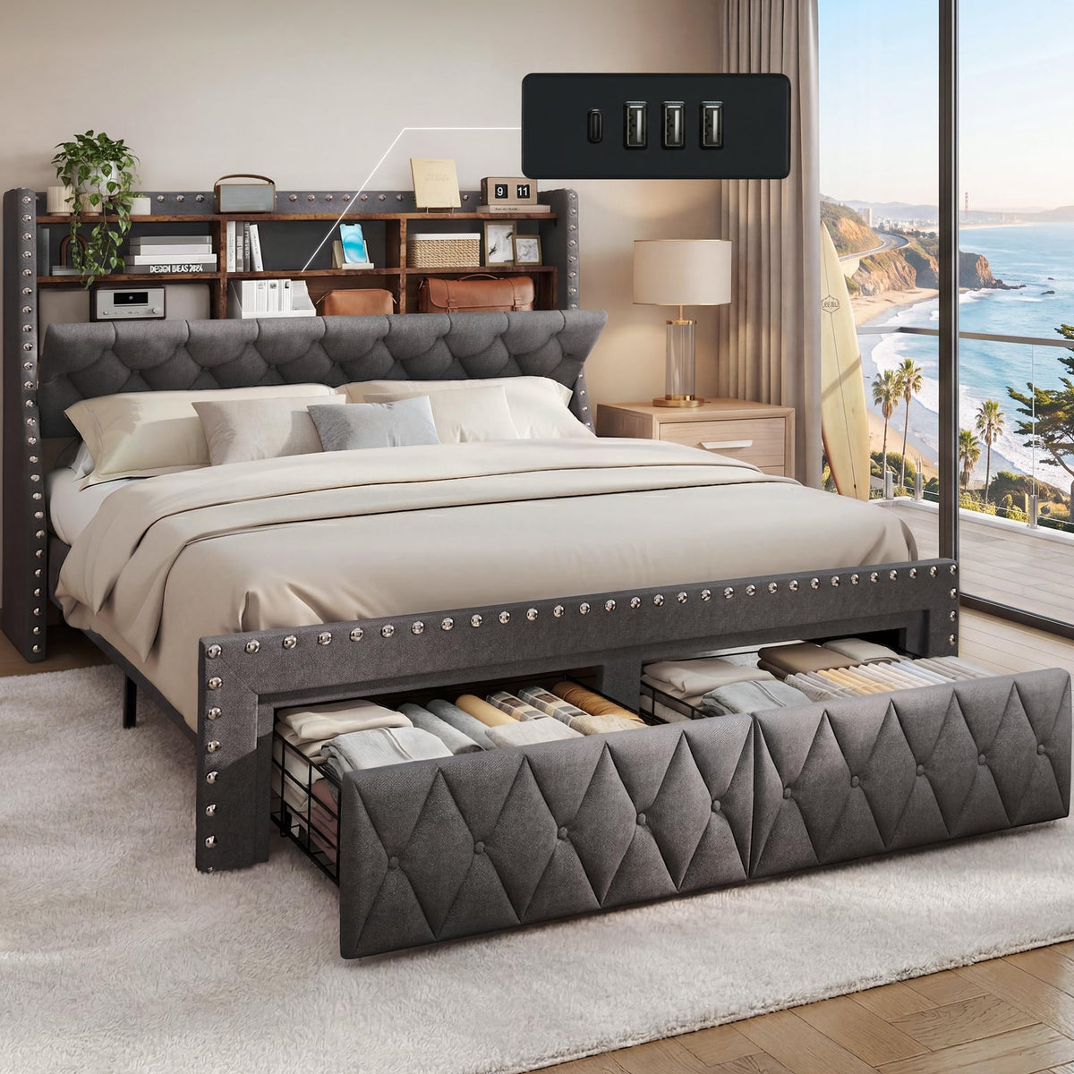 1000LBs Full Bed Frame with Hidden Storage, 2 Drawers and Charging Station P9228