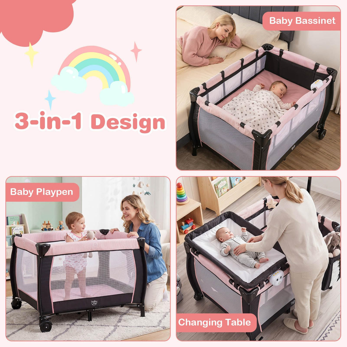 3 in 1 Pack and Play Portable Baby Playard with Bassinet G838524
