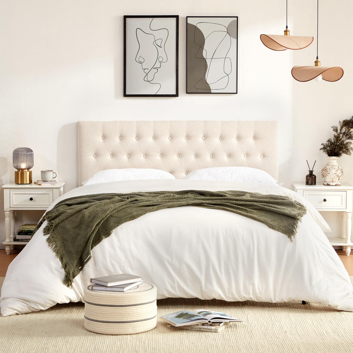 Beige Tufted Upholstered Queen Size Headboard C4414