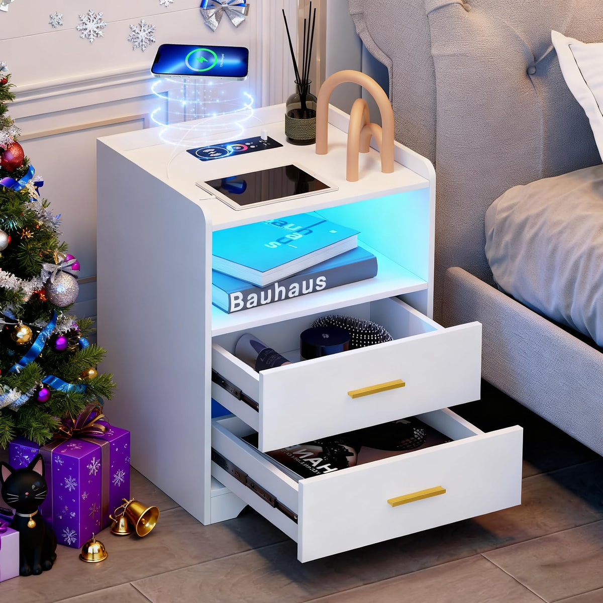 White Nightstand with Charging Station H11976