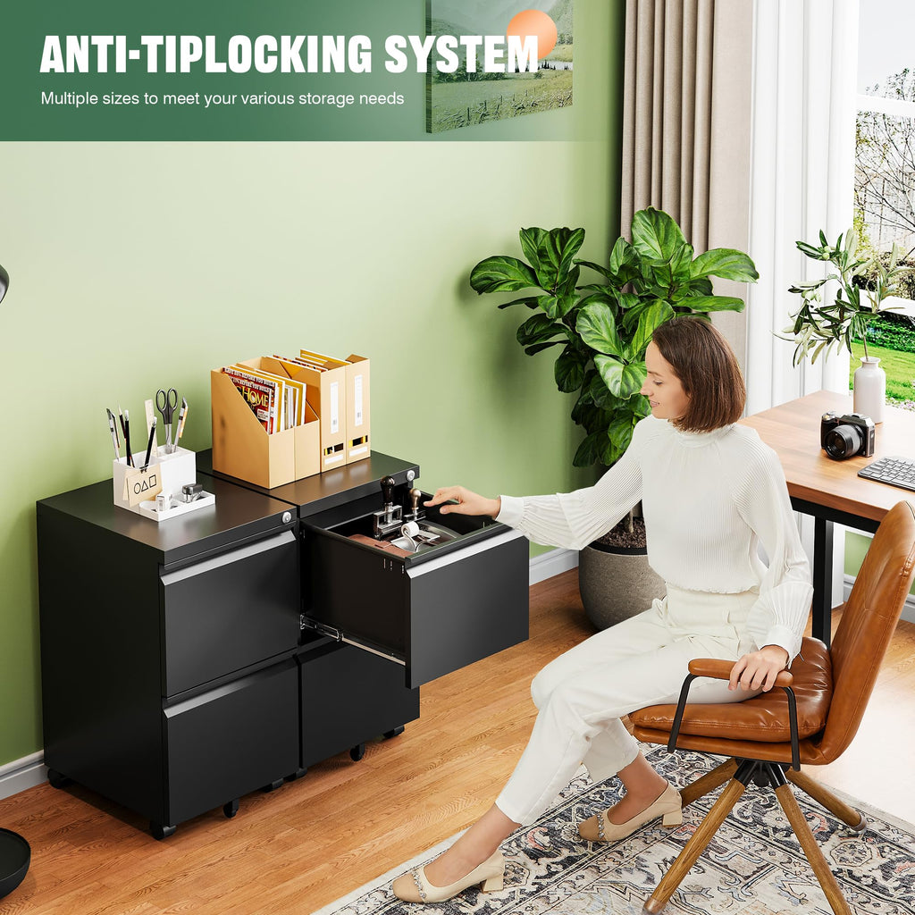 2 Drawer Black Metal Mobile File Cabinet with Lock W4922
