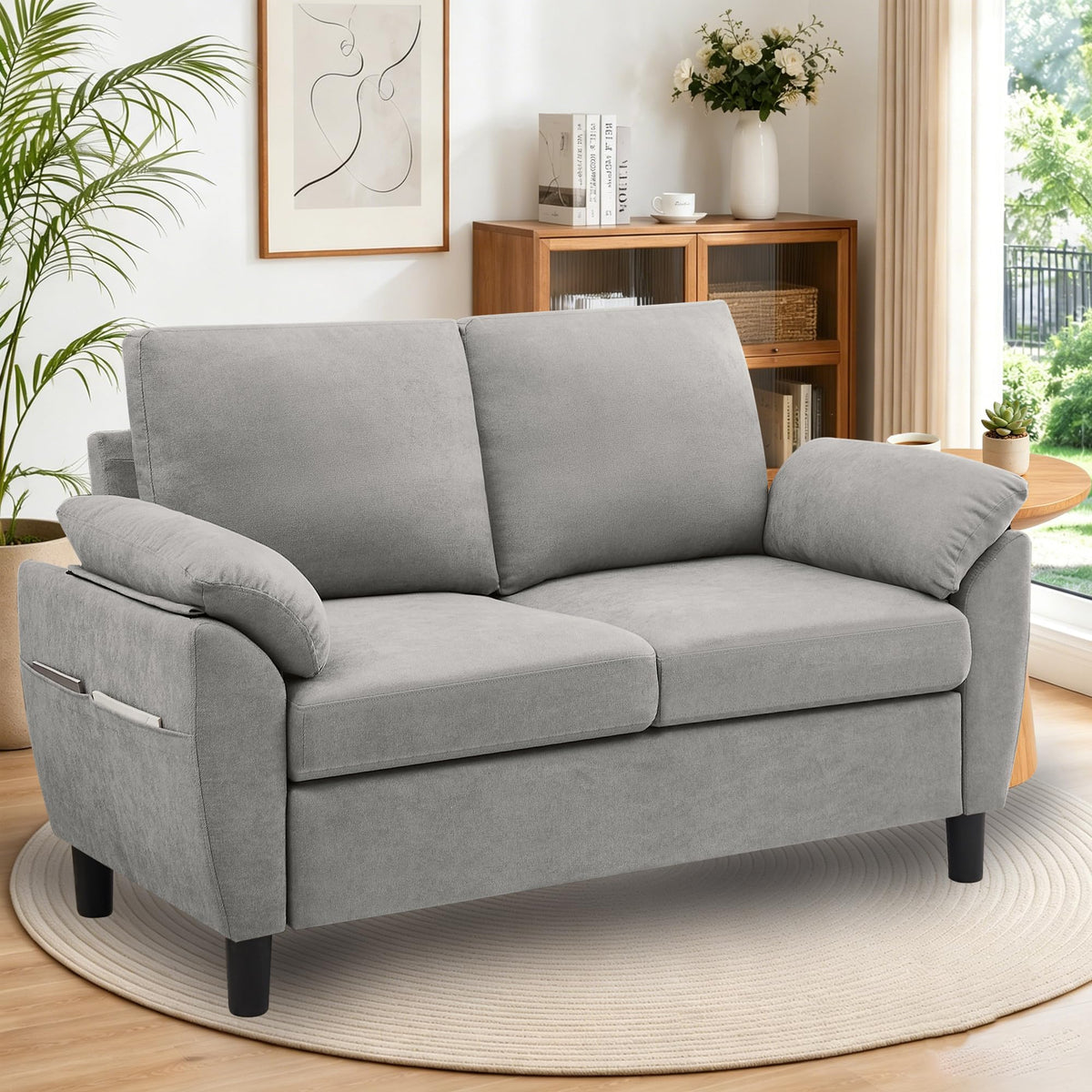 Light Grey Linen Loveseat Sofa with Side Pocket D76417