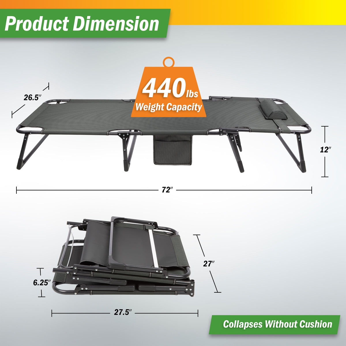Folding Camping Cot with Mattress, Heavy Duty Foldable Bed with 3 Recline Positions, Gray A13753