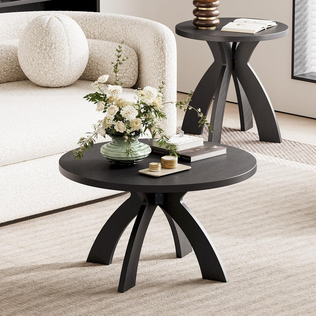 31.5" Round Wood Coffee Table with Cross Legs, Black K71540