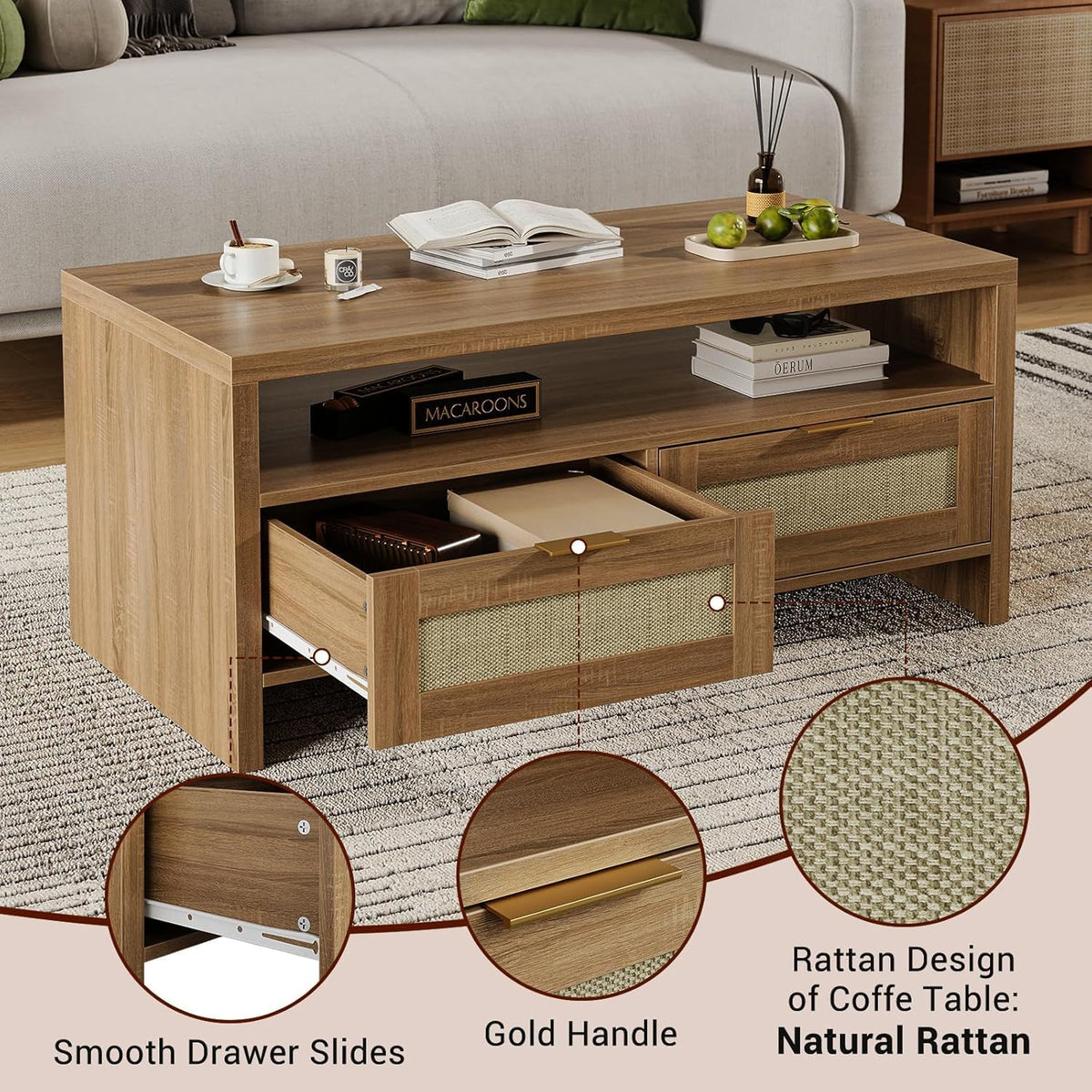 40” Boho Rattan Coffee Table with Storage J807706