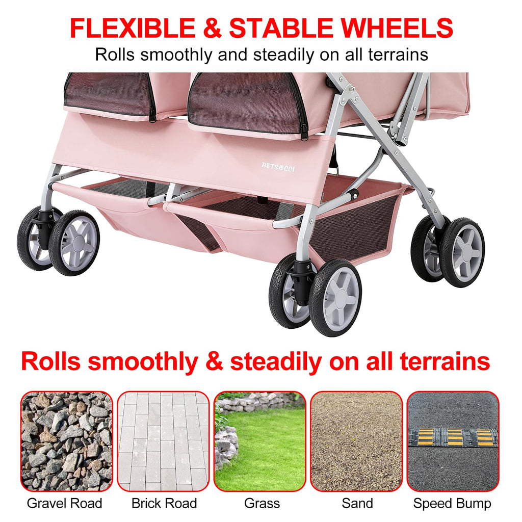 Double Pet Stroller for 2 Small Dogs & Cats, Side-by-Side Twin Travel Carriage with Safety Leashes, Mesh Windows & Double Storage Baskets, Lightweight & Foldable, 44lbs Capacity, Pink Y700273