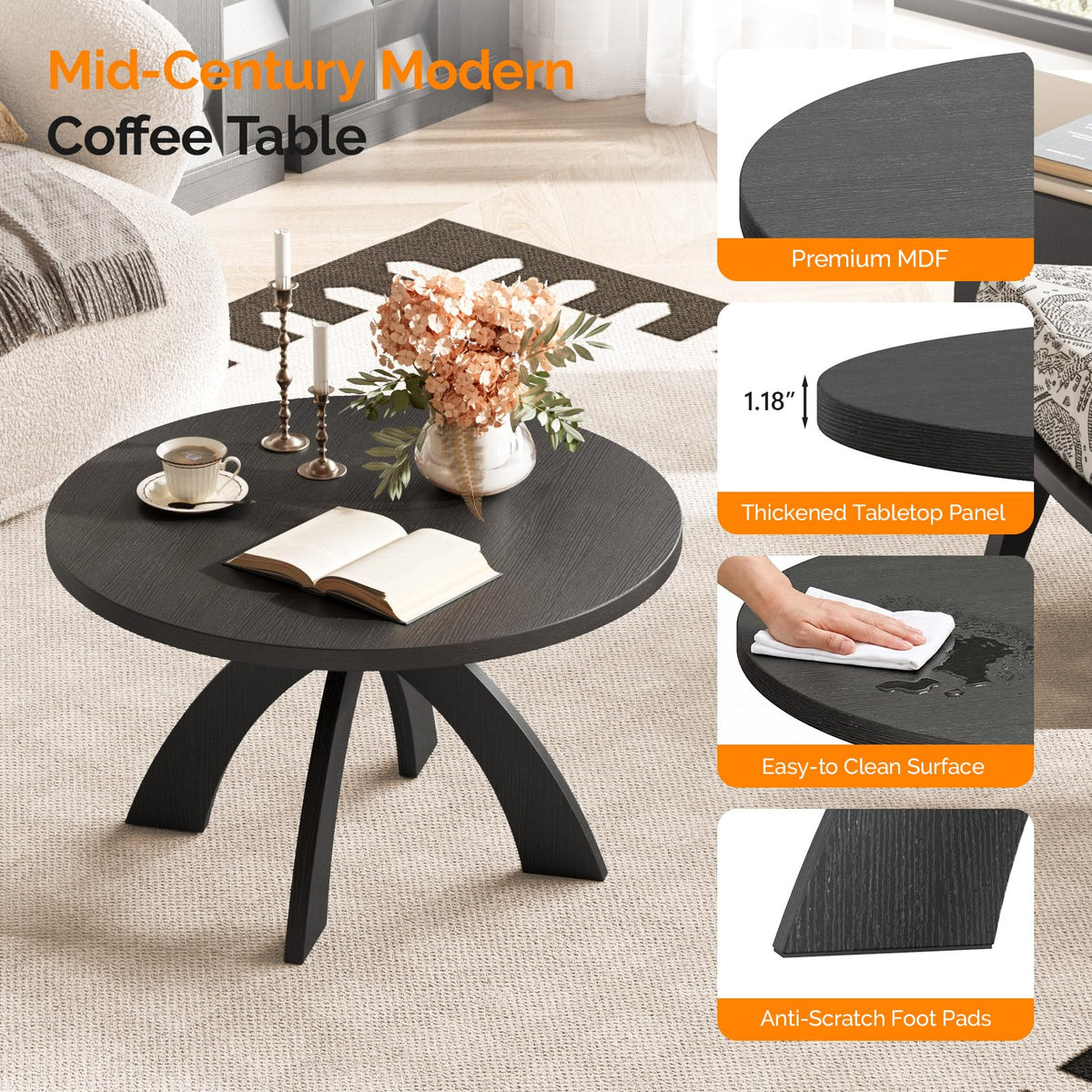31.5" Round Wood Coffee Table with Cross Legs, Black K71540