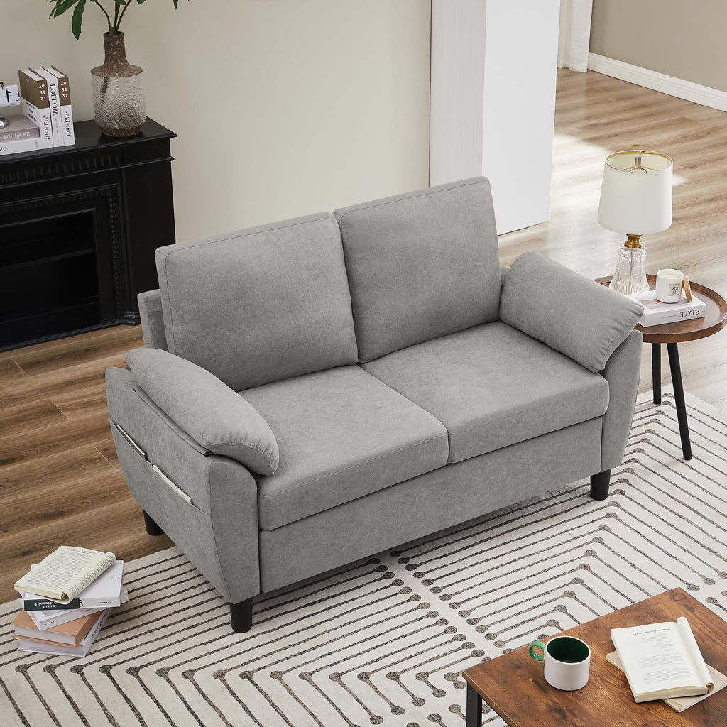 Light Grey Linen Loveseat Sofa with Side Pocket D76417