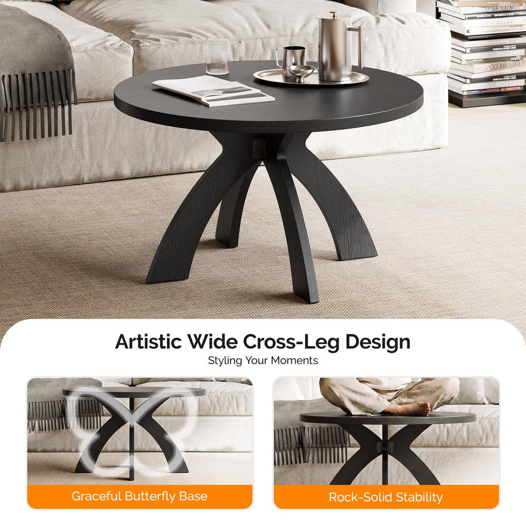 31.5" Round Wood Coffee Table with Cross Legs, Black K71540