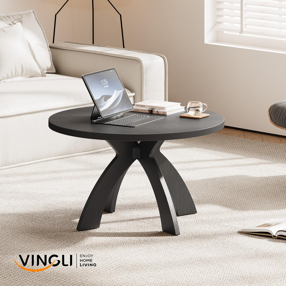 31.5" Round Wood Coffee Table with Cross Legs, Black K71540
