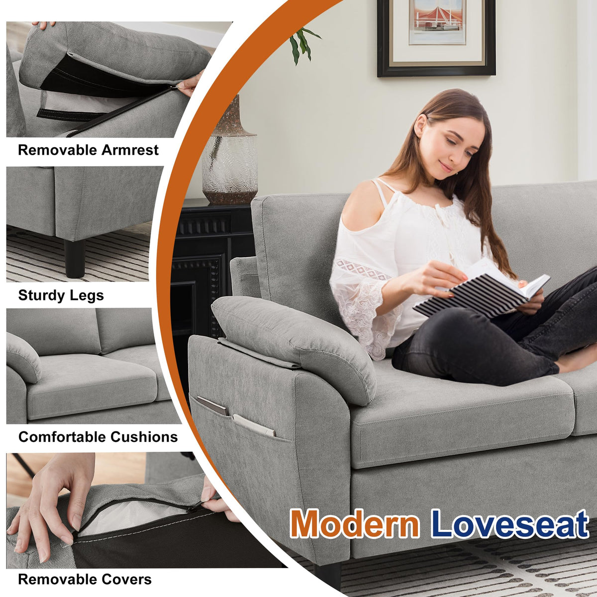 Light Grey Linen Loveseat Sofa with Side Pocket D76417
