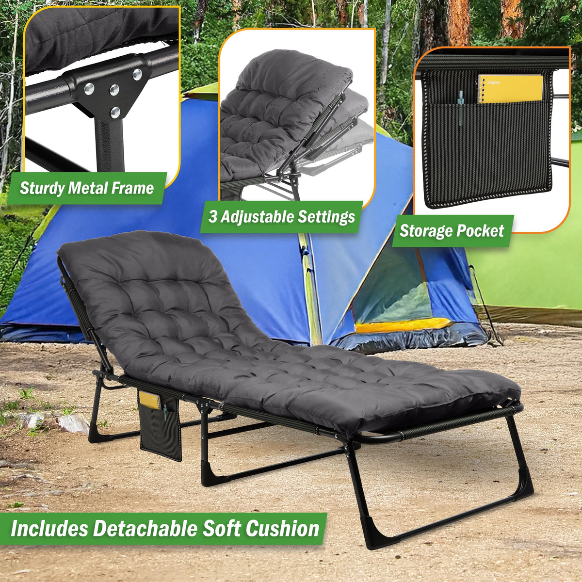Folding Camping Cot with Mattress, Heavy Duty Foldable Bed with 3 Recline Positions, Gray A13753