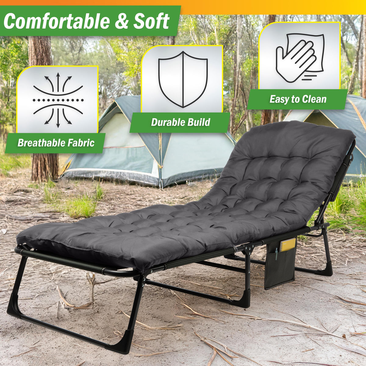Folding Camping Cot with Mattress, Heavy Duty Foldable Bed with 3 Recline Positions, Gray A13753