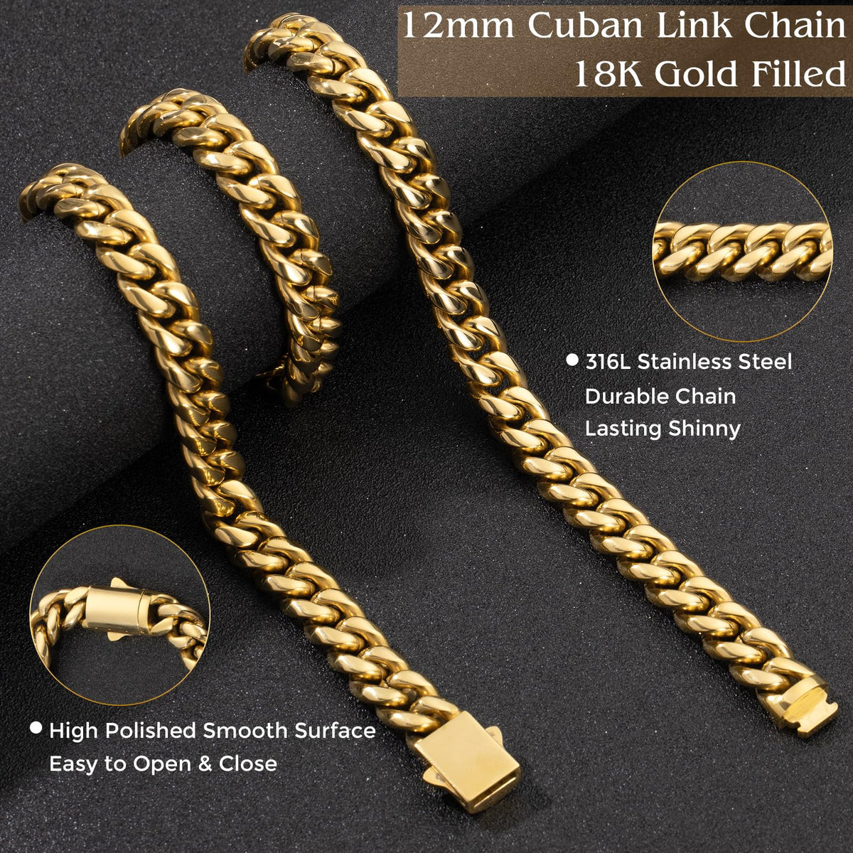 Gold Cuban Link Chain 316L Stainless Steel Necklace 20/22/24 Inches C94085